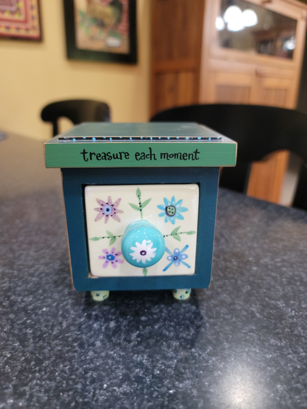 Floral Wood & Ceramic Trinket Box w/ Drawer & Lid “Treasure Each Moment”